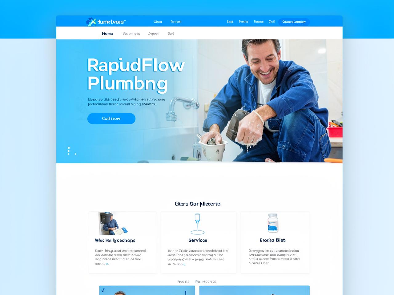 Plumber website template preview with blue theme and call now button
